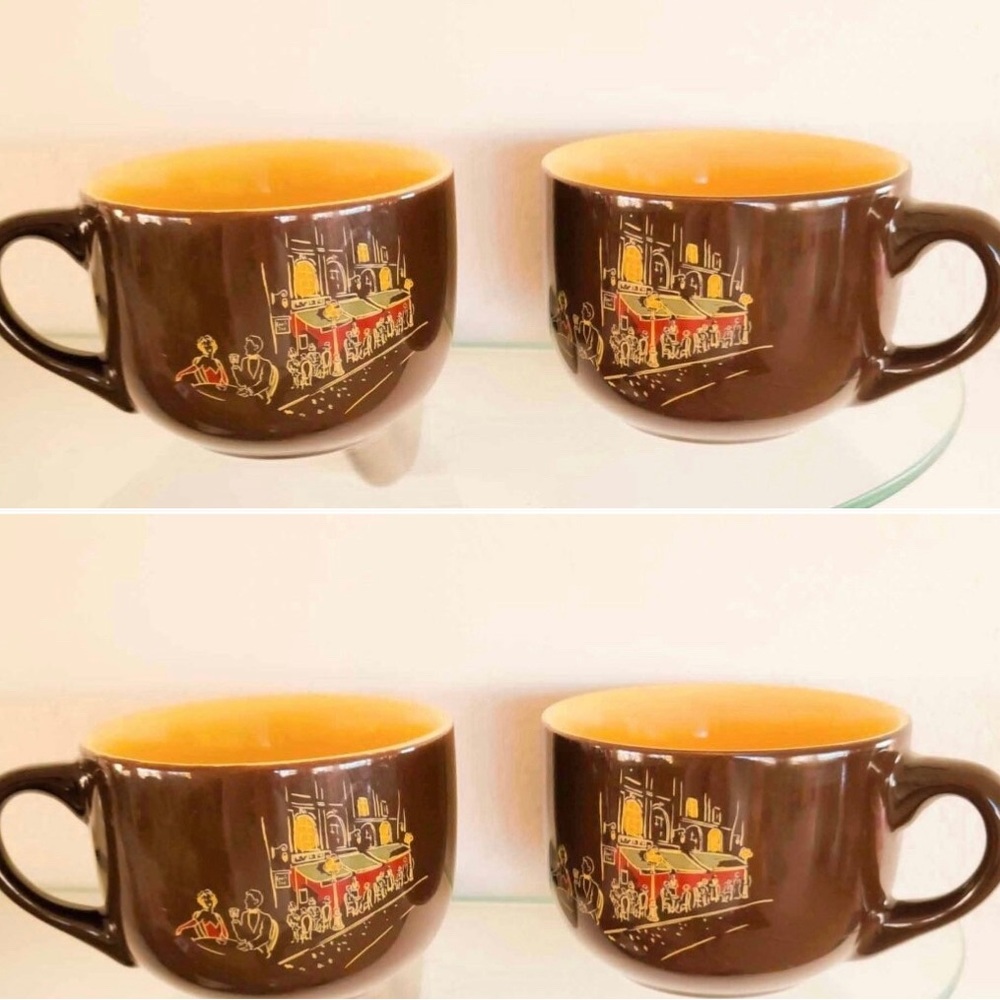 Street Cafe Tables Brown & Yellow Large Stoneware Coffee Soup Mug Cups (4)